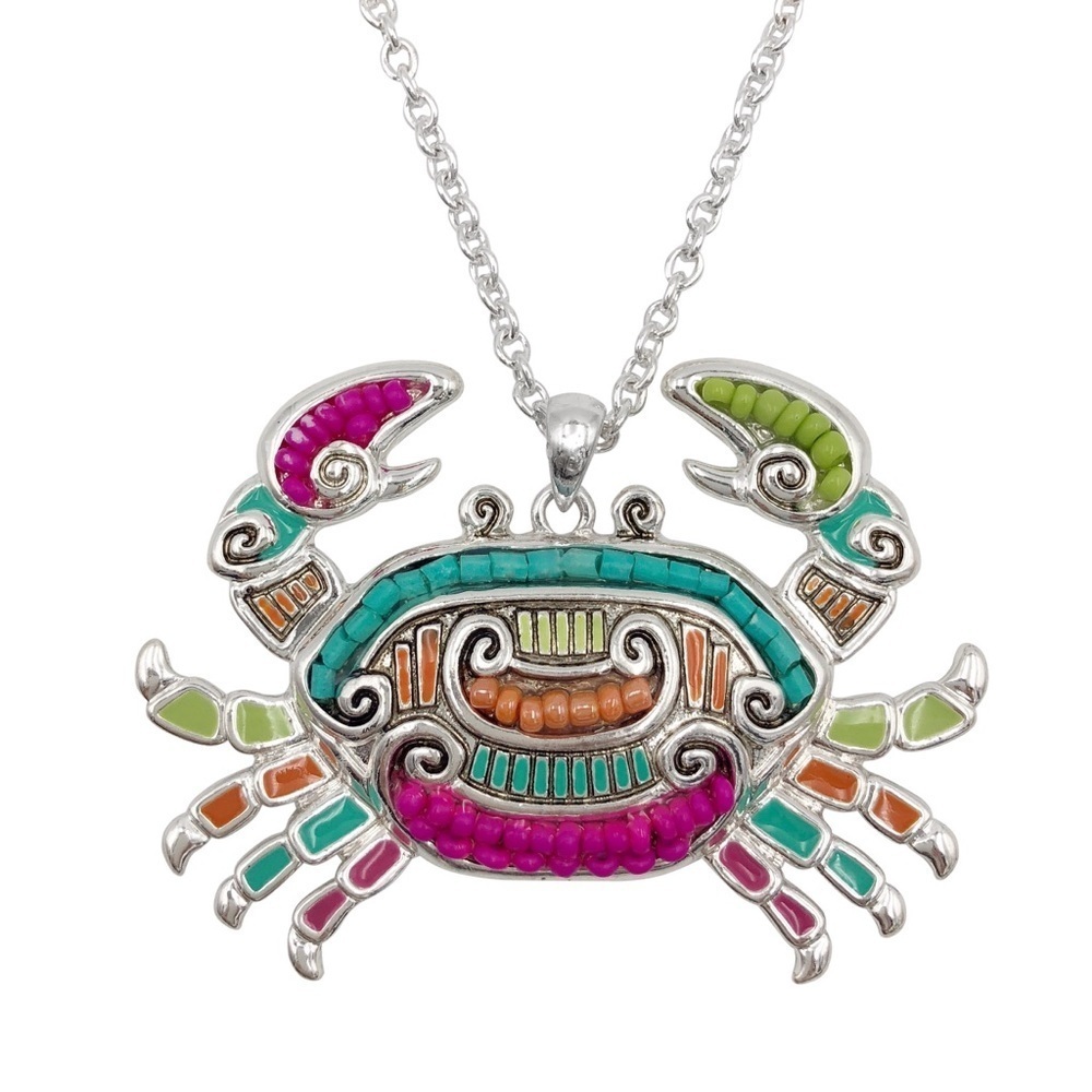 Long Multicolor Bead Painted Crab Silver Necklace